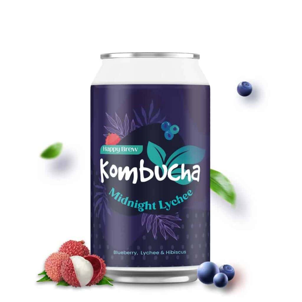 Blueberry and lychee flavored soda made from kombucha tea